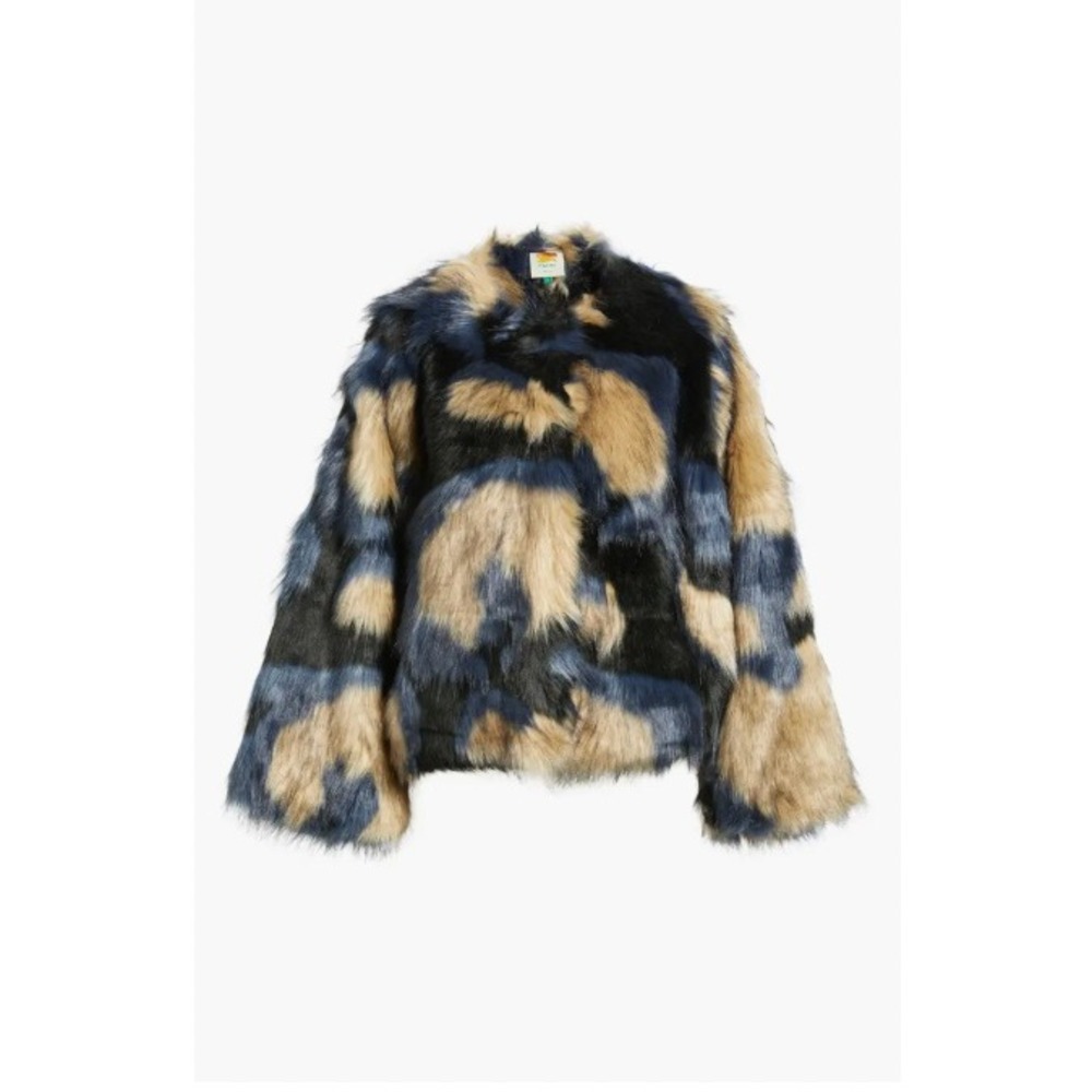 Farm Rio Faux Fur Jacket Blue Tan Black Colorblock Coat Womens Size Medium - Picture 5 of 5